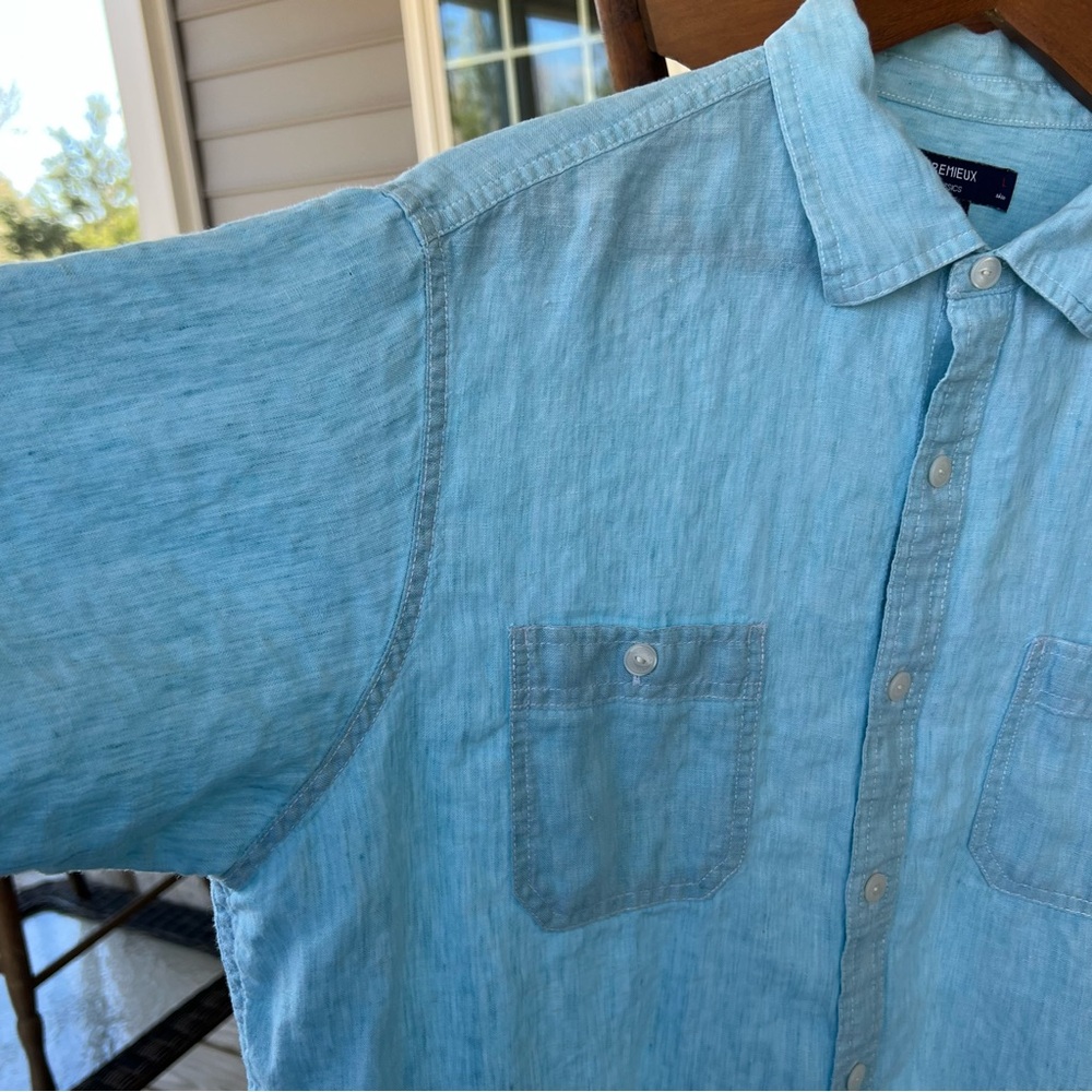 Cremieux 100% Linen Classics Shirt Men’s Short Sleeve Button Up Light Blue Large - Picture 6 of 13